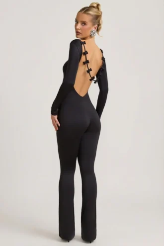 Eulalie Slinky Jersey Bow-Detail Jumpsuit in Black