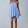 Evania Halterneck Babydoll Mini Dress in Blue Polka Dot Print