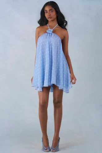 Evania Halterneck Babydoll Mini Dress in Blue Polka Dot Print