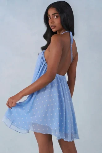 Evania Halterneck Babydoll Mini Dress in Blue Polka Dot Print