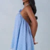 Evania Halterneck Babydoll Mini Dress in Blue Polka Dot Print