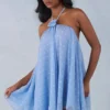 Evania Halterneck Babydoll Mini Dress in Blue Polka Dot Print