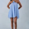 Evania Halterneck Babydoll Mini Dress in Blue Polka Dot Print