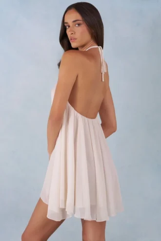 Evania Halterneck Babydoll Mini Dress in Ivory