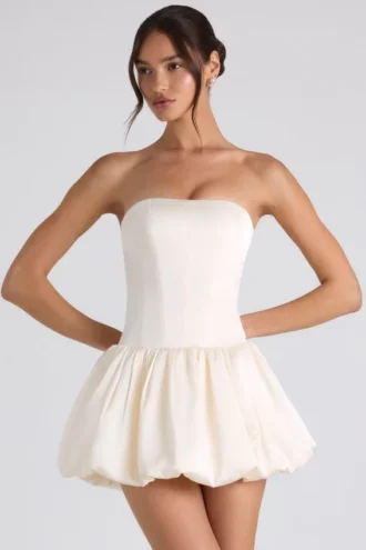 Fabiola Lace-Up Bubble Hem Corset Mini Dress in Ivory