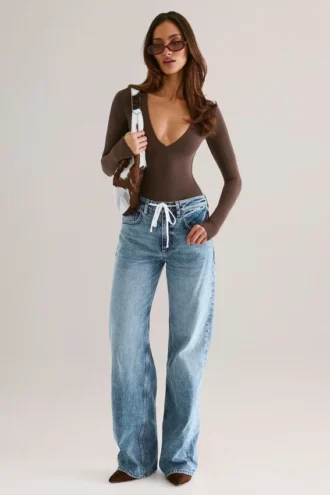 Faedra Drawstring Straight-Leg Jeans in Mid Wash