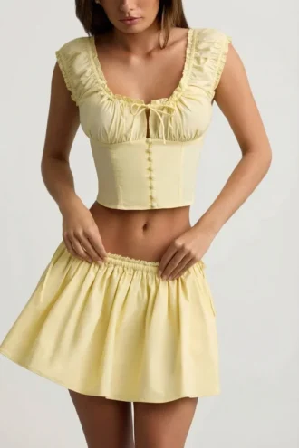 Faela Ruched Cotton-Poplin Corset Top in Lemon Yellow