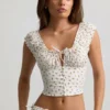 Faela Ruched Cotton-Poplin Corset Top in Rose Print