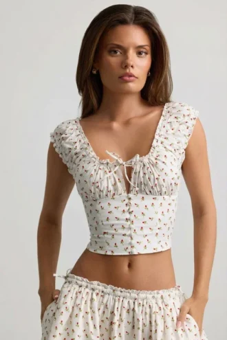 Faela Ruched Cotton-Poplin Corset Top in Rose Print