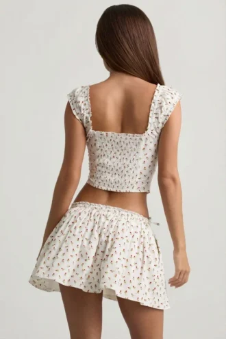 Faela Ruched Cotton-Poplin Corset Top in Rose Print