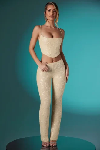 Fallon Petite Embellished Lace Low Rise Trousers in Ivory