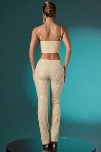 Fallon Petite Embellished Lace Low Rise Trousers in Ivory