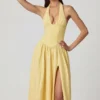 Farrah Modal Broderie Anglaise Halterneck Midaxi Dress in Lemon Yellow