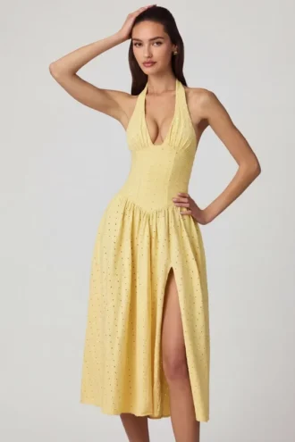 Farrah Modal Broderie Anglaise Halterneck Midaxi Dress in Lemon Yellow
