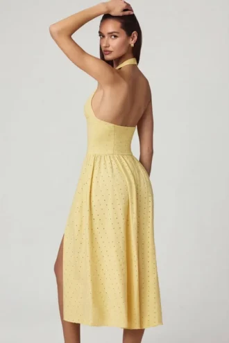 Farrah Modal Broderie Anglaise Halterneck Midaxi Dress in Lemon Yellow