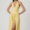 Farrah Modal Broderie Anglaise Halterneck Midaxi Dress in Lemon Yellow