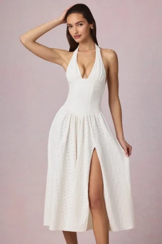 Farrah Modal Broderie Anglaise Halterneck Midaxi Dress in White