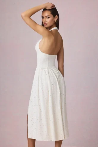 Farrah Modal Broderie Anglaise Halterneck Midaxi Dress in White