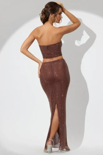 Fausta Embellished Mid Rise Maxi Skirt in Espresso