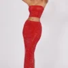 Fausta Embellished Mid Rise Maxi Skirt in Fire Red