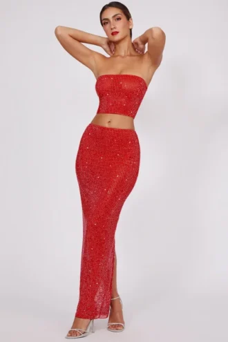 Fausta Embellished Mid Rise Maxi Skirt in Fire Red