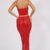 Fausta Embellished Mid Rise Maxi Skirt in Fire Red