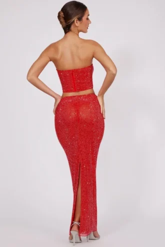 Fausta Embellished Mid Rise Maxi Skirt in Fire Red