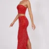 Fausta Embellished Mid Rise Maxi Skirt in Fire Red