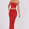 Fausta Embellished Mid Rise Maxi Skirt in Fire Red