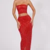 Fausta Embellished Mid Rise Maxi Skirt in Fire Red