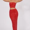 Fausta Embellished Mid Rise Maxi Skirt in Fire Red