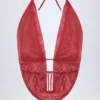 Fayola Cowl-Neck Backless Crop Top in Red Print
