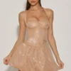 Felicity Embellished Halterneck Bubble Hem Mini Dress in Almond