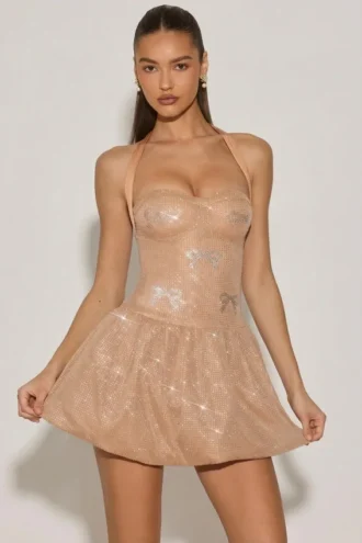 Felicity Embellished Halterneck Bubble Hem Mini Dress in Almond