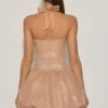 Felicity Embellished Halterneck Bubble Hem Mini Dress in Almond