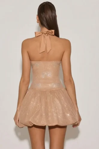 Felicity Embellished Halterneck Bubble Hem Mini Dress in Almond