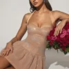 Felicity Embellished Halterneck Bubble Hem Mini Dress in Almond