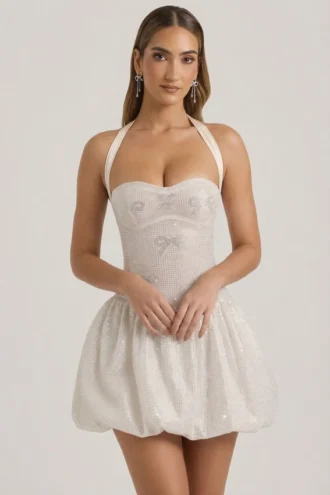 Felicity Embellished Halterneck Bubble Hem Mini Dress in Ivory