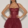 Felicity Embellished Halterneck Bubble Hem Mini Dress in Wine Red