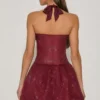 Felicity Embellished Halterneck Bubble Hem Mini Dress in Wine Red