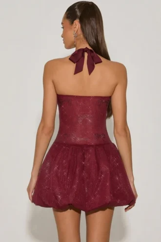 Felicity Embellished Halterneck Bubble Hem Mini Dress in Wine Red