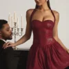 Felicity Embellished Halterneck Bubble Hem Mini Dress in Wine Red