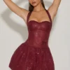 Felicity Embellished Halterneck Bubble Hem Mini Dress in Wine Red