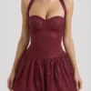 Felicity Embellished Halterneck Bubble Hem Mini Dress in Wine Red