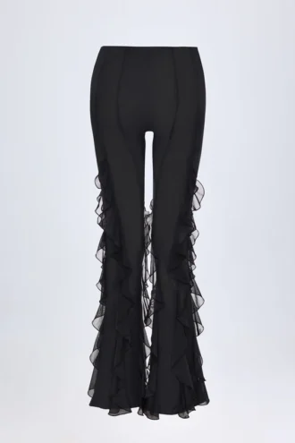 Felicity Ruffled Mid-Rise Flared Trousers in Black