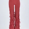 Felicity Ruffled Mid-Rise Flared Trousers in Red Print