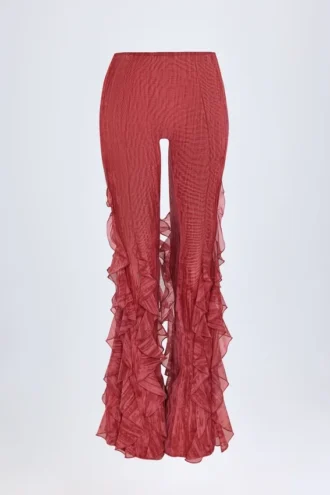 Felicity Ruffled Mid-Rise Flared Trousers in Red Print