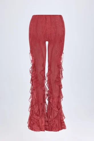 Felicity Ruffled Mid-Rise Flared Trousers in Red Print