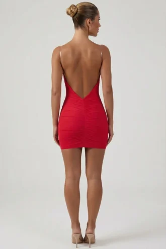 Femi Ruched Backless Bodycon Mini Dress in Red