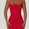 Femi Ruched Backless Bodycon Mini Dress in Red